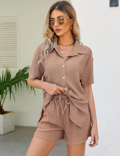 Vista 4 de Flygo Conjunto casual de 2 piezas para mujer, camiseta plisada de manga corta y camisa con botones, Y2K