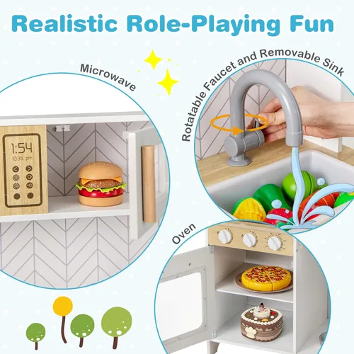 Vista 3 de Costzon Juego de cocina para niños, cocina de madera con luces y sonidos, estufas, fregadero, grifo, microondas, horno y accesorios de cocina, juego