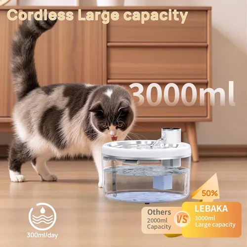Vista 4 de Fuente de agua inalámbrica para gatos con bandeja de acero inoxidable, fuente de agua para mascotas de 102 oz/3 L para gatos en el interior, fuente