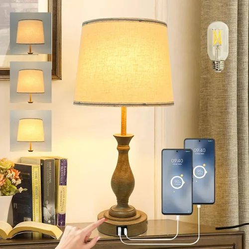 Vista 8 de LALISU Lámpara de mesa de granja con control táctil, lámpara de mesa regulable de 3 vías, lámpara moderna de mesita de noche con 2 puertos USB