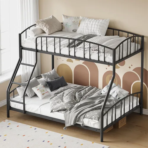 Vista 4 de Garvee - Litera individual sobre matrimonial con escalera y barandilla para niños y adultos Heavy Duty Metal Bunk Bed Frame, Sturdy Steel Slats