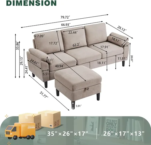 Vista 2 de Sofá modular convertible de 80 pulgadas, sofá pequeño en forma de L de 3 asientos con diván de almacenamiento reversible, sofá moderno de tela