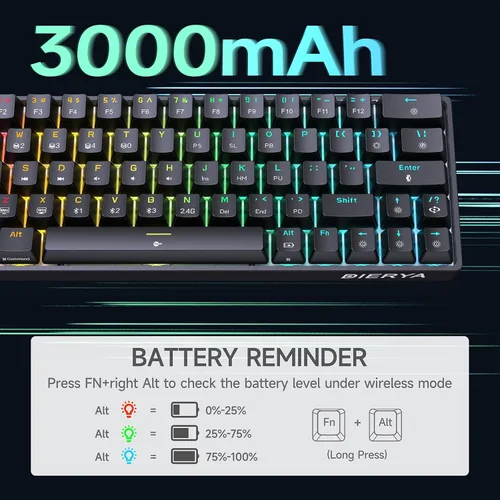 Vista 5 de DIERYA Teclado mecánico inalámbrico DK63 60% para juegos Bluetooth2.4Gcon cable Retroiluminación RGB Mini teclado compacto antifantasma de 63