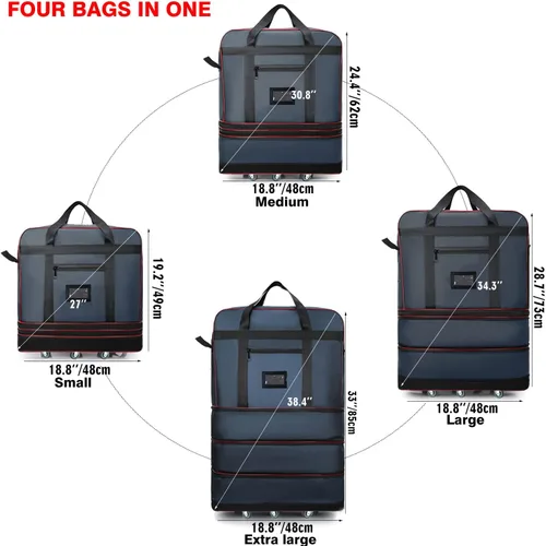 Vista 2 de ELDA Maleta plegable expandible con ruedas universales, bolsa de viaje rodante, bolsa de lona para hombres y mujeres, equipaje ligero de gran