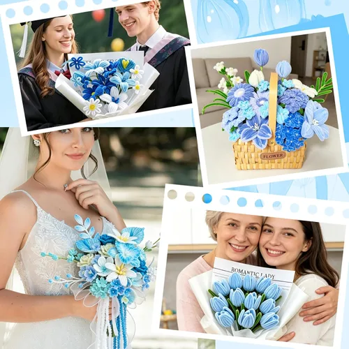 Vista 5 de URSDIART 311 piezas de limpiapipas azules para manualidades - Kit de fabricación de flores de tallos de felpilla, alambre grueso y esponjoso