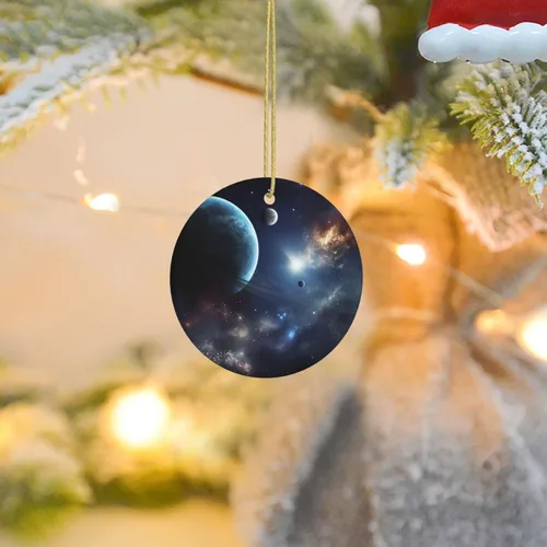 Vista 8 de Adorno de Navidad redondo colgante de Navidad, luna, estrellas y planetas, árbol de Navidad, cerámica, adorno colgante de cerámica personalizado