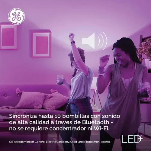 Vista 3 de GE LED+ A21 Bombilla LED, Luz LED Interior con Cambio de Color, Altavoz Inalámbrico Bluetooth con Control Remoto, 9W, Multicolor y Blanco Cálido