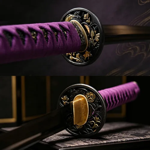 Vista 6 de Espada japonesa Katana Samurai de 104 cm hecha a mano, de espiga completa para hombre, regalo, decoración de cosplay, defensa personal Violet