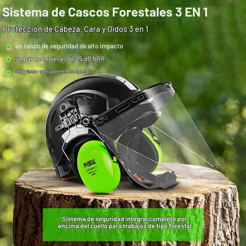 Vista 2 de Casco de Seguridad Forestal para Motosierra con Visera Completa de Policarbonato Transparente y Orejeras 3 en 1 Casco Duro Forestal Protector facial