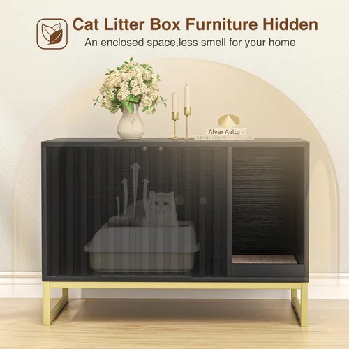 Vista 2 de Halitaa Caja de Arena para Gatos, Mueble Moderno de Caja de Arena para Gatos Caja de Arena Oculta con Almohadilla para Rascar, Mesa Auxiliar Casa