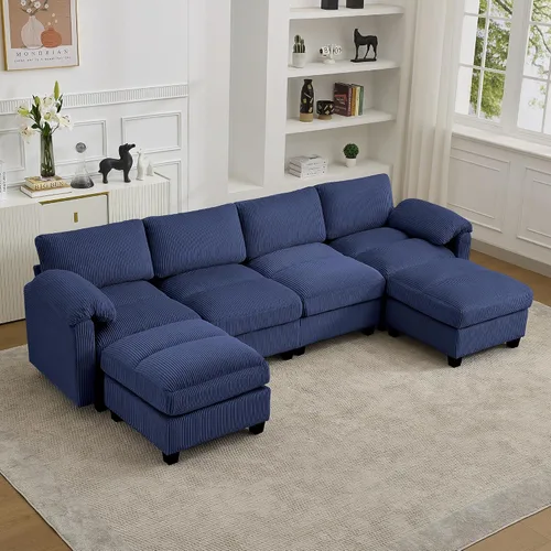 Vista 38 de Sofá modular de 61 pulgadas con otomana, asiento extra profundo para sala de estar, sofá de asiento profundo de pana con almohadas para Beige