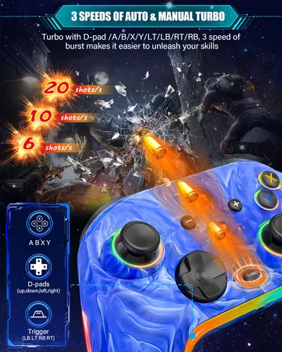 Vista 5 de Wireless Switch Controllers for Nintendo Switch/Lite/OLED/Switch 2, 1200mAh Rechargeable Pro Controller, 10 Colors LED Light up, Switch Turbo Remote