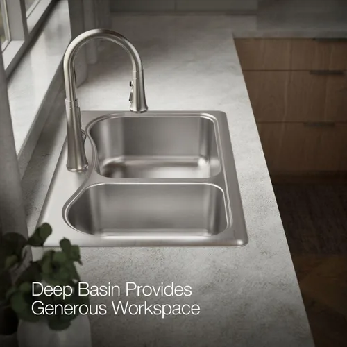 Vista 5 de KOHLER Fregadero de cocina Staccato™ de 33 x 22 pulgadas, fregadero de cocina de acero inoxidable Lrg/Med SS 1 agujero, cuenco doble, K-3361-1-NA