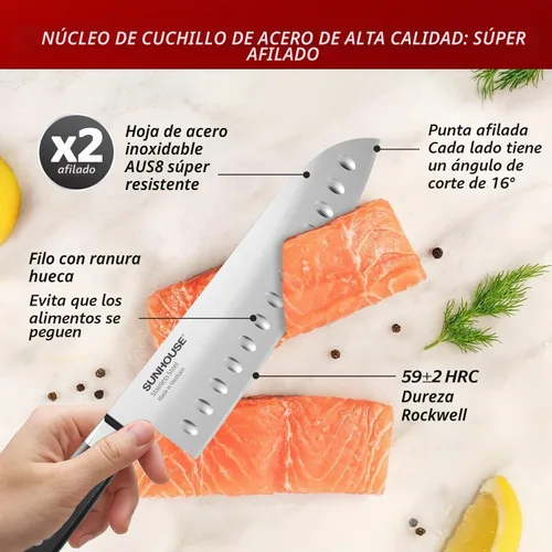 Vista 3 de Cuchillo Santoku Sunhouse de 7 pulgadas, acero inoxidable AUS-8 – Dureza superior de 59HRC, espiga completa, mango ergonómico, regalos perfectos