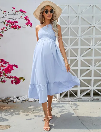 Vista 4 de KOJOOIN Vestido de maternidad de manga corta con hombros descubiertos para mujer, vestido de verano casual con volantes, vestido midi fluido