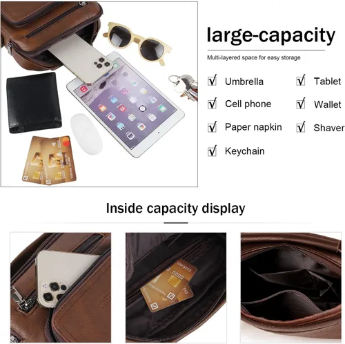 Vista 5 de KUANG! Bolso de hombro para hombre, de piel sintética, bolso de mensajero de negocios, maletín de viaje, cruzado con múltiples bolsillos
