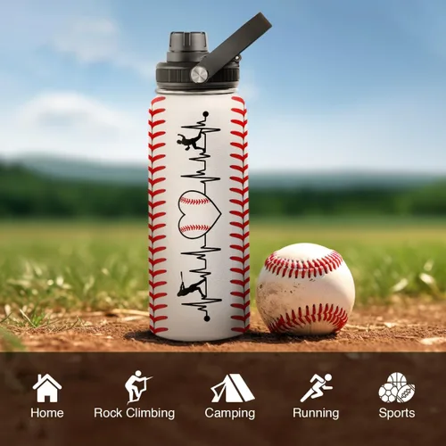 Vista 6 de Botella de agua de béisbol de 32 onzas con aislamiento de acero inoxidable para hombres, mujeres, amantes de los deportes, regalos de béisbol