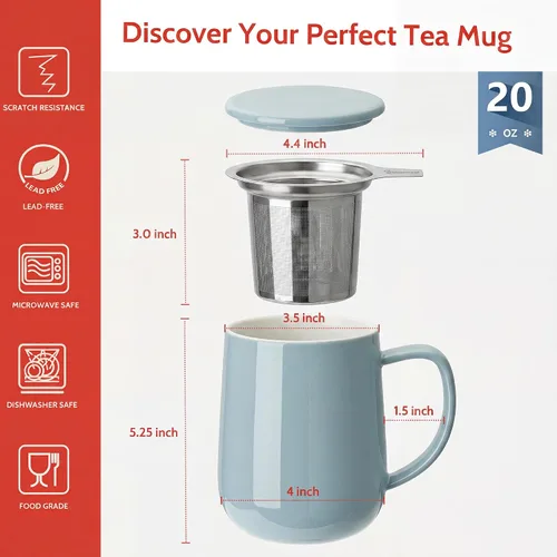 Vista 2 de Sweese Taza de té de porcelana de 20 onzas con infusor y tapa, taza de té gris azulado