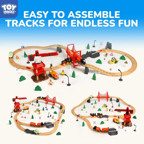 Vista 3 de TOY Life Juego de Tren de 81 Piezas con Grúa y Locomotora, Juguete de Tren de Madera, Vías de Tren de Madera para Niños Pequeños de 3, 4, 5 Años