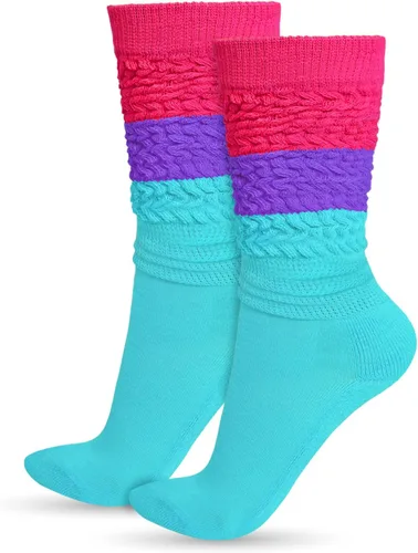 Vista 15 de Ronglry Calcetines de neón holgados de los años 80 y 90, calcetines de neón para mujer, calentadores de piernas extra largos, suaves, hasta