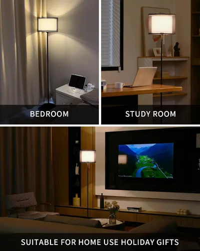 Vista 6 de KDG Lámpara de pie moderna, lámpara de trípode alta para sala de estar, dormitorio, oficina; pantalla de tela, bombilla LED, luz cálida (negro)