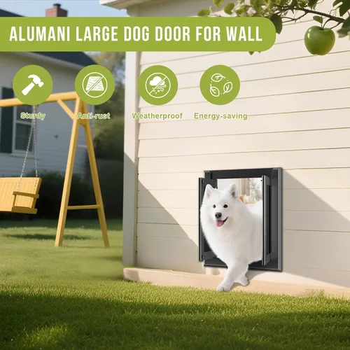 Vista 2 de Puerta para perro para pared, puerta grande resistente para perros con marco de aluminio y túnel telescópico, estilo francés con solapas magnéticas