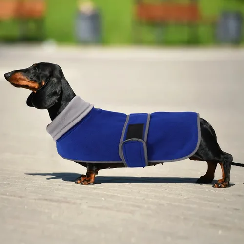 Vista 6 de Abrigos para perros salchicha Morezi de forro polar para invierno, ropa para dachshund miniatura con cierre de gancho y bucle y ribete reflectante
