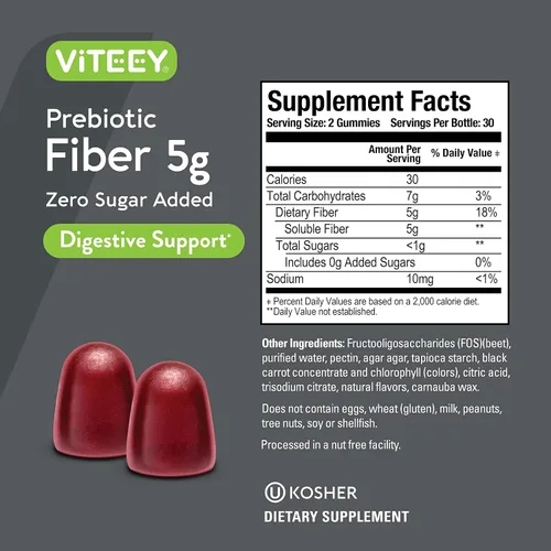 Vista 4 de Viteey Gomitas de fibra prebiótica para adultos, 0.18 oz - Gomitas de suplemento de fibra soluble digestiva y salud intestinal - Cero azúcar