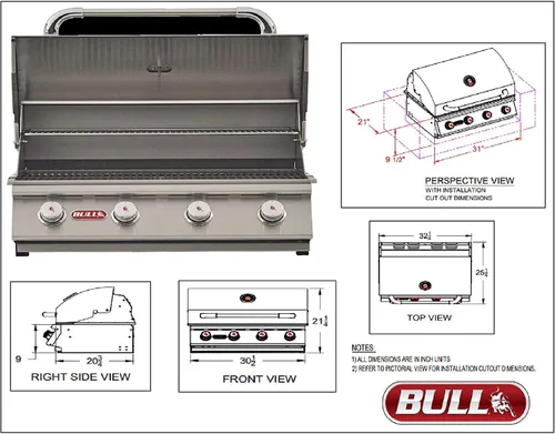 Vista 3 de AMS PKG Parrilla desplegable de 30 pulgadas Bull Outlaw Paquete de 4 piezas Propano