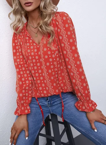 Vista 3 de Dokotoo - Blusa informal, bohemia y con estampado floral para mujer, camiseta con cuello en V, con cordón, blusas de manga corta y manga larga
