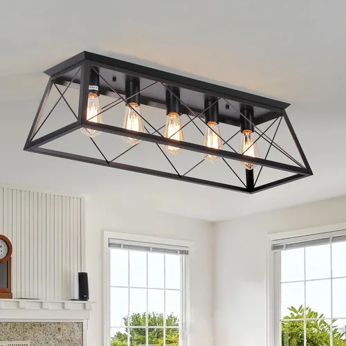 Vista 15 de 31.5" Flush Mount Ceiling Light Fixture, 5-Light Vintage Industrial Cage Chandelier for Dining Room, Kitchen Island, Living Room, Dimmable Semi
