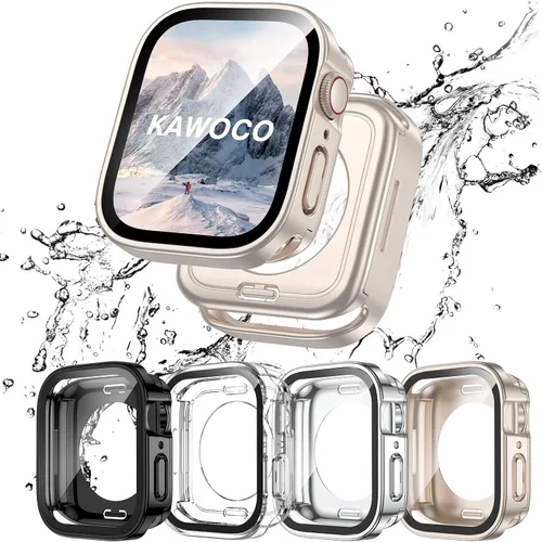 Vista 9 de Paquete de 4 fundas impermeables compatibles con Apple Watch de 1.575 pulgadas Series 6/5/4/SE con protector de pantalla de vidrio templado