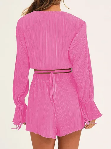 Vista 3 de ZAFUL Conjunto de 2 piezas de pantalones de manga larga para mujer, blusa corta cruzada con lazo cruzado, pantalones de cintura alta, trajes de calle