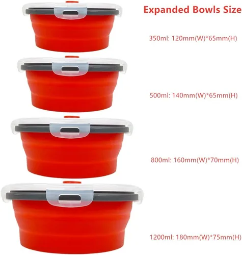 Vista 2 de CARTINTS Cuencos de silicona plegables rojos para almacenamiento de alimentos, con tapas a prueba de fugas, aptos para microondas y congelador