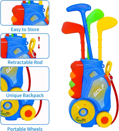 Vista 3 de Nattork Juego de golf para niños y niñas de 1, 2 y 3 años, carrito de golf mejorado para niños con 4 palos y 12 pelotas, juguete deportivo