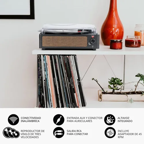 Vista 4 de Tocadiscos de vinilo vintage con altavoces, giradiscos accionados por correa, compatible con 3 velocidades, reproducción inalámbrica Bluetooth