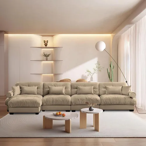 Vista 16 de Reposapiés Otomano Tapizado de Terciopelo con Cojín para Sofá Seccional Sofá 300 libras para Sala de Estar (Beige)