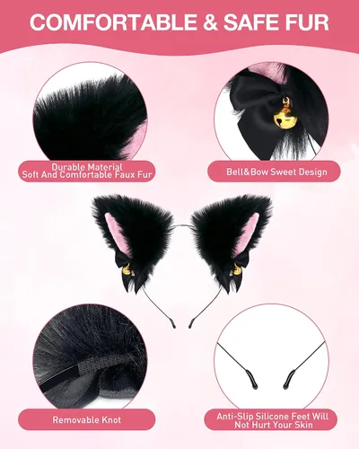 Vista 6 de Fox Cat Ears Anime Cosplay - Diadema de lobo de animales, diadema de Halloween, accesorios de disfraz con campanas