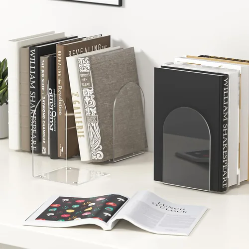 Vista 4 de Sujetalibros acrílicos de 4 piezas, sujetalibros transparentes para estantes, extremos de libros para estantes y organizador de escritorio, tapón