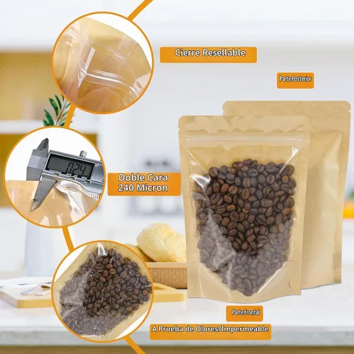 Vista 3 de 100 PCS bolsas resellables, bolsas de papel kraft de pie con ventana frontal transparente, bolsas de almacenamiento de alimentos con cierre