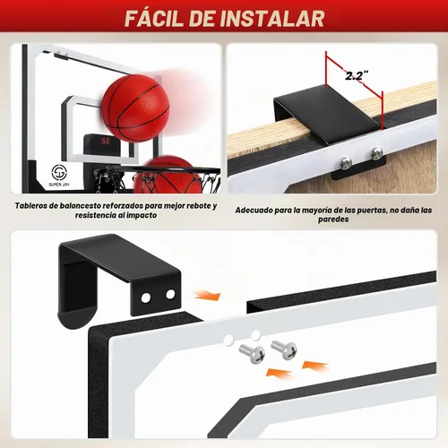Vista 5 de Mini Aro de Baloncesto Sobre la Puerta - Juego de Aro de Baloncesto Montado en la Pared con Accesorios Completos - Juguetes de Baloncesto Regalos