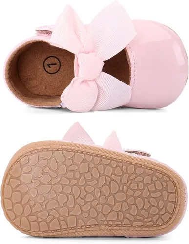 Vista 4 de ESTAMICO Zapatos planos de Mary Jane para niñas pequeñas, suela de goma suave, zapatos de princesa con lazo para cuna, vestido de boda