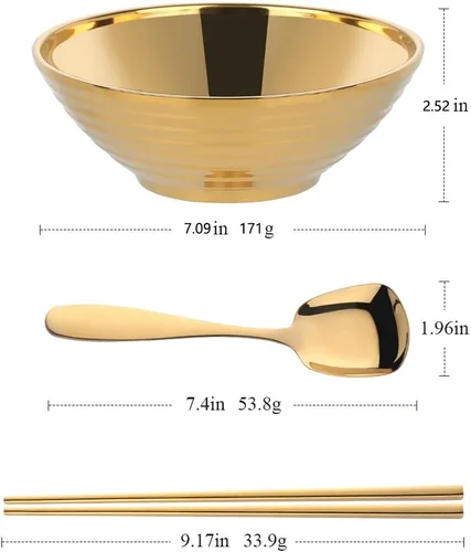 Vista 2 de Juego de tazones de sopa de fideos japoneses para ramen, 2 juegos (7.09 pulgadas) dorado de doble capa de acero inoxidable 18/8 con palillos y Oro