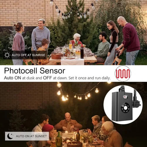 Vista 4 de Temporizador de luz exterior con sensor, toma de corriente impermeable del atardecer al amanecer con 2 tomas de tierra e interruptor de botón