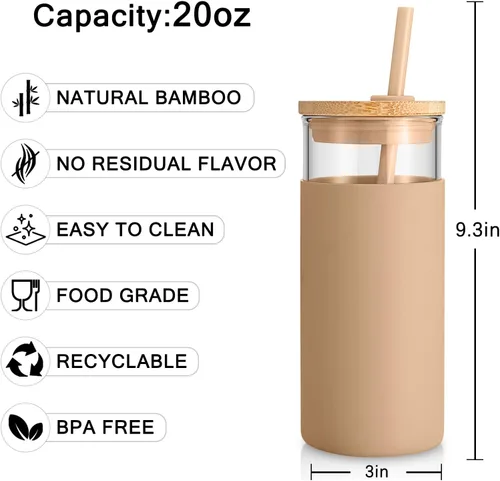 Vista 3 de Tronco - Vaso de vidrio de 20 onzas con tapa de bambú y pajilla, botella de vidrio con funda protectora de silicona, vaso reutilizable para licuado