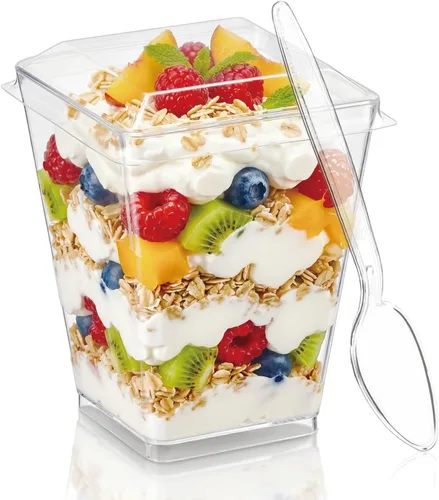 Vista 8 de Hiasobre Paquete de 100 vasos de plástico de 5 onzas para postre con tapas y cucharas, tazas reutilizables de parfait transparente, vasos cuadrados