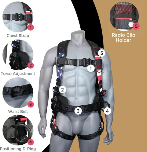 Vista 4 de AFP Arnés de seguridad de cuerpo completo de protección contra caídas Premium, cinturón de soporte de 8" de grosor, anillos en D de aluminio Bandera