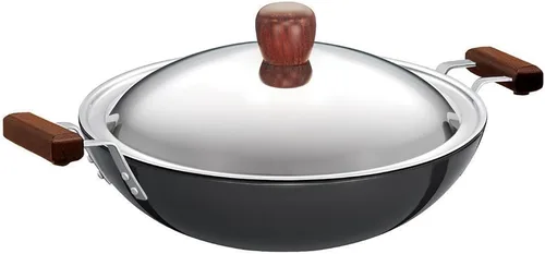Vista 9 de Futura freidora con anodizado duro (Kadhai) con tapa de acero y parte inferior plana, Negro