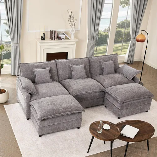Vista 13 de GOSUHI - Sofá en forma de U de 108", sofá seccional modular, sofá de nube de 3 plazas con otomana móvil, sofás de asiento profundo para sala de Beige