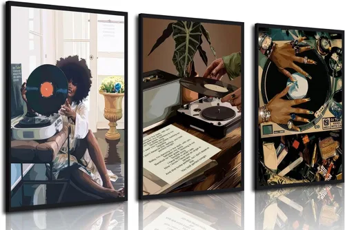 Vista 8 de Lienzo enmarcado de niña negra, 3 unidades, diseño de niña negra, música de discos, decoración de pared, cuadros de niña negra funky, pósteres